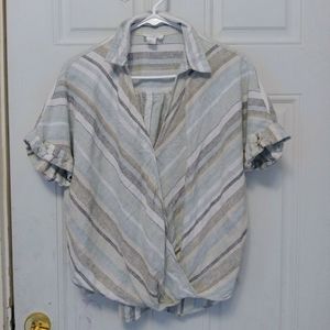 Loft Size Medium Wrap Front Collared Striped Brown & Blue Casual Top